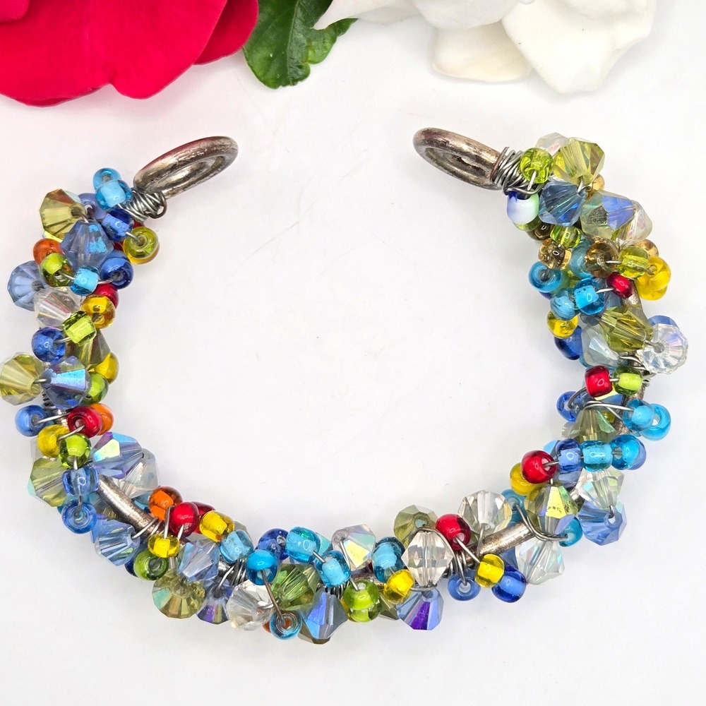 Handmade Wire Wrapped Crystal Bead Cuff Bracelet Multi Color Silver Tone‎ Boho